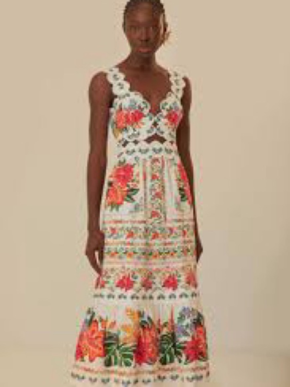 FARM Rio White Maxi Dress with Red and Green Floral Embroidery